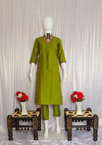 Moonpalav Olive Green Mango Silk Festive Kurti Pant Set With Dupatta