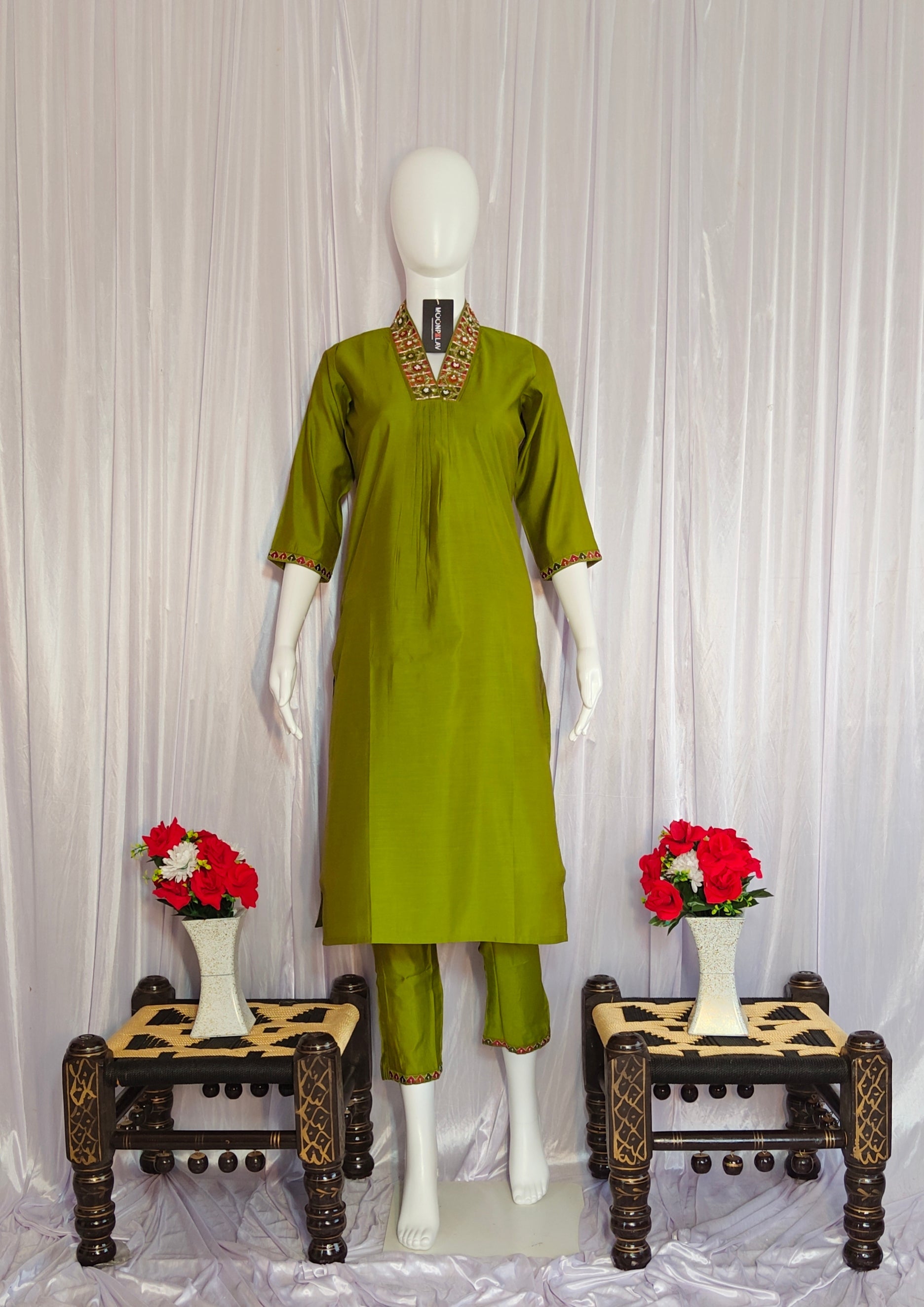 Moonpalav Olive Green Mango Silk Festive Kurti Pant Set With Dupatta