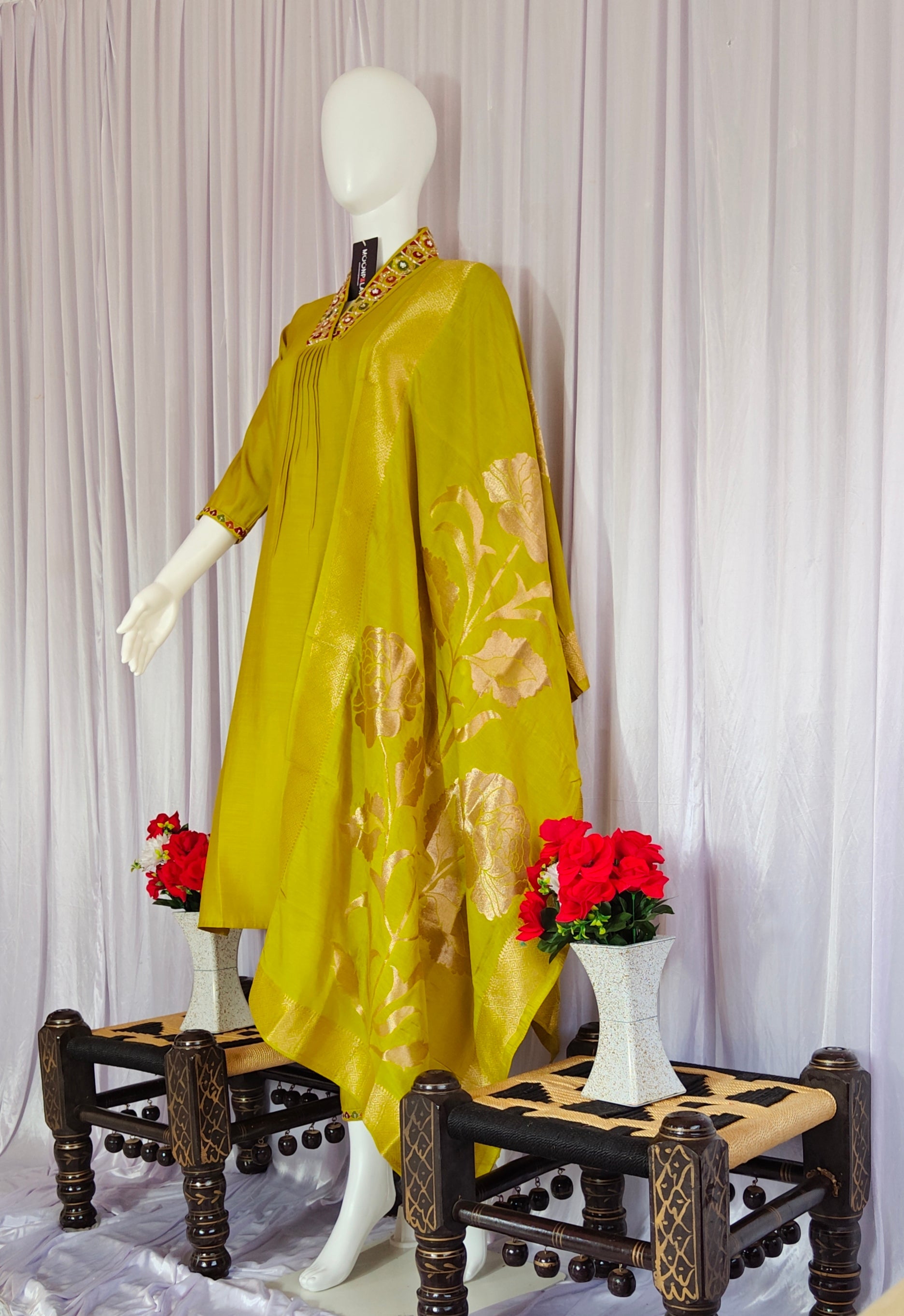 Moonpalav Lemon Yellow Viscose Silk Hand-Embroidered Suit Set with Jacquard Dupatta