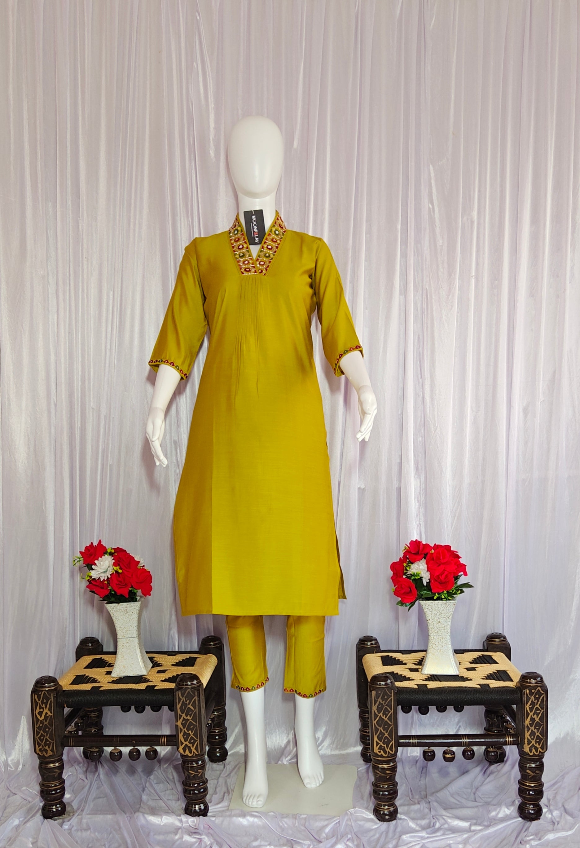 Moonpalav Lemon Yellow Viscose Silk Hand-Embroidered Suit Set with Jacquard Dupatta