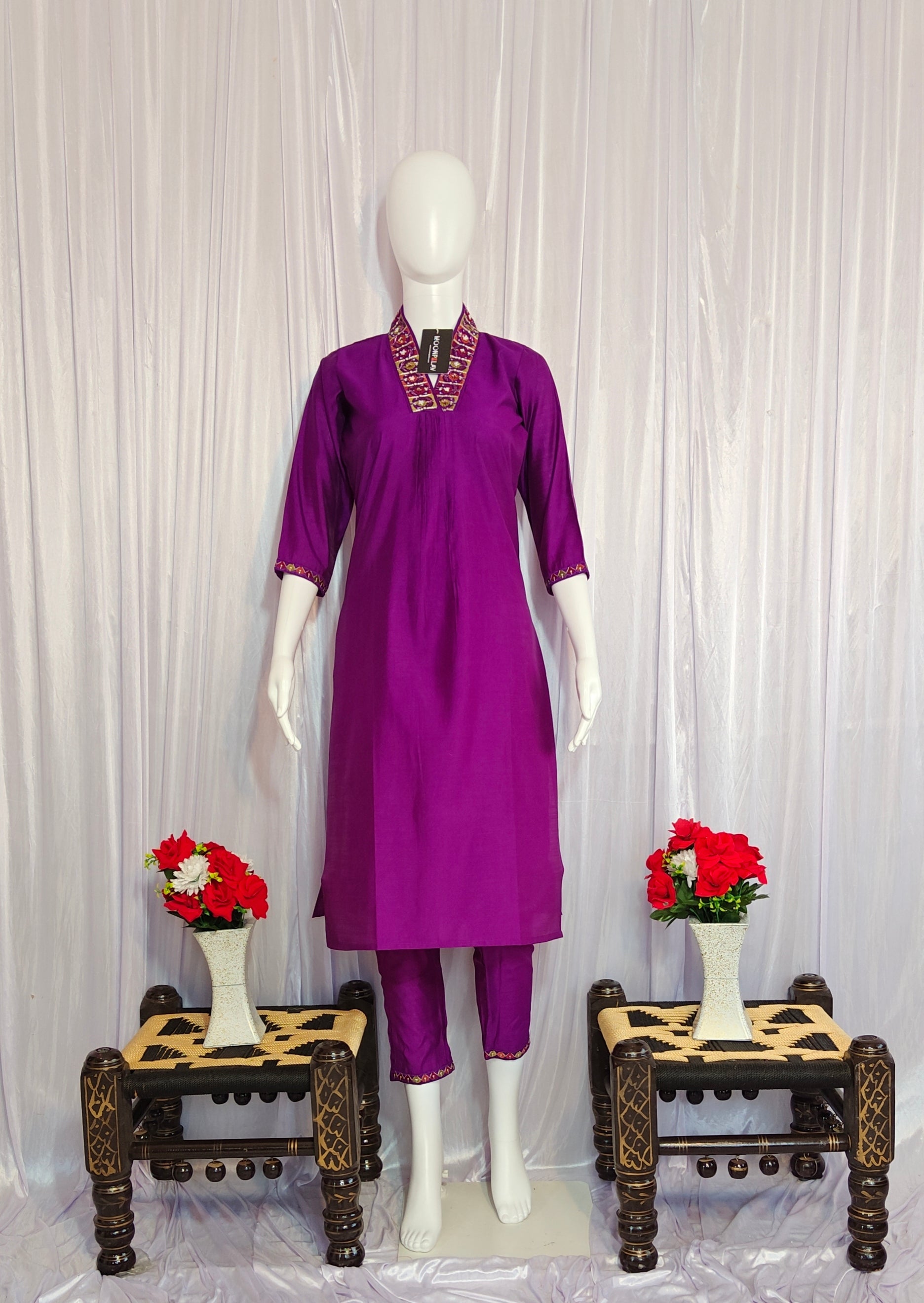 Moonpalav Royal Purple Silk Kurti Set with Maslin Dupatta