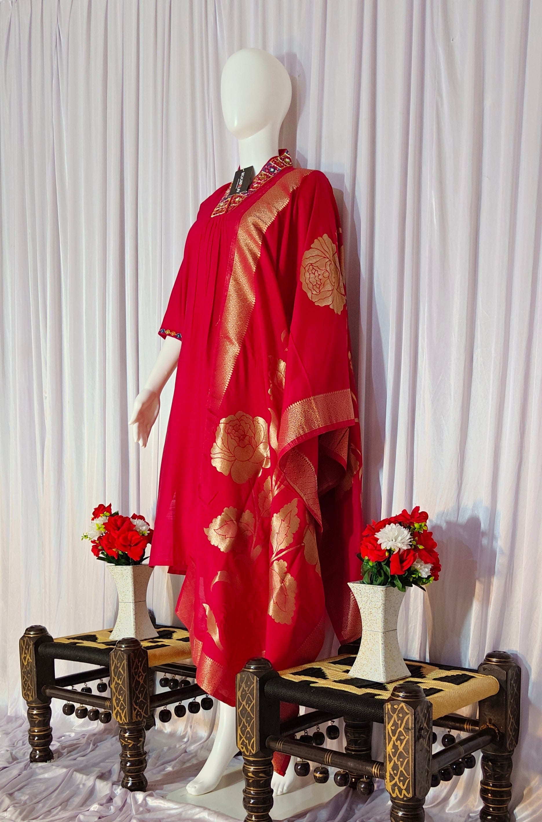 Moonpalav Ruby Red Mango Silk Embroidery Suit with Muslin Dupatta