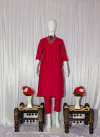 Moonpalav Ruby Red Mango Silk Embroidery Suit with Muslin Dupatta