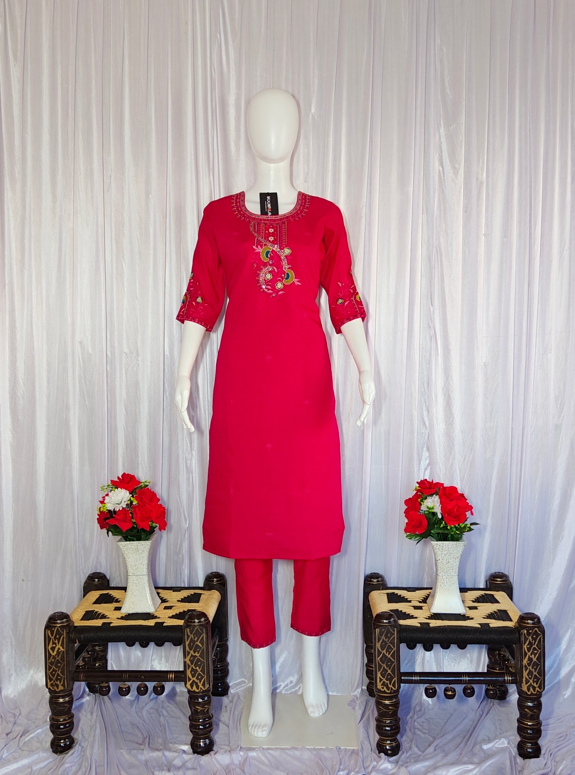 Moonpalav Rani Pink Roman Silk Embroidered Kurta Set with Dupatta