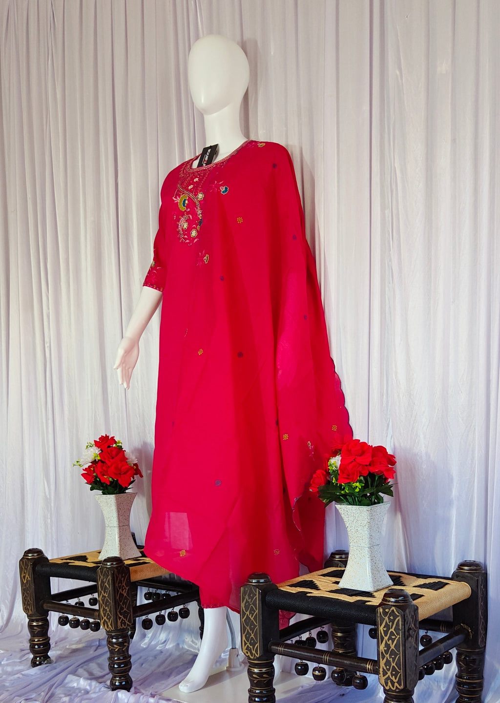 Moonpalav Rani Pink Roman Silk Embroidered Kurta Set with Dupatta