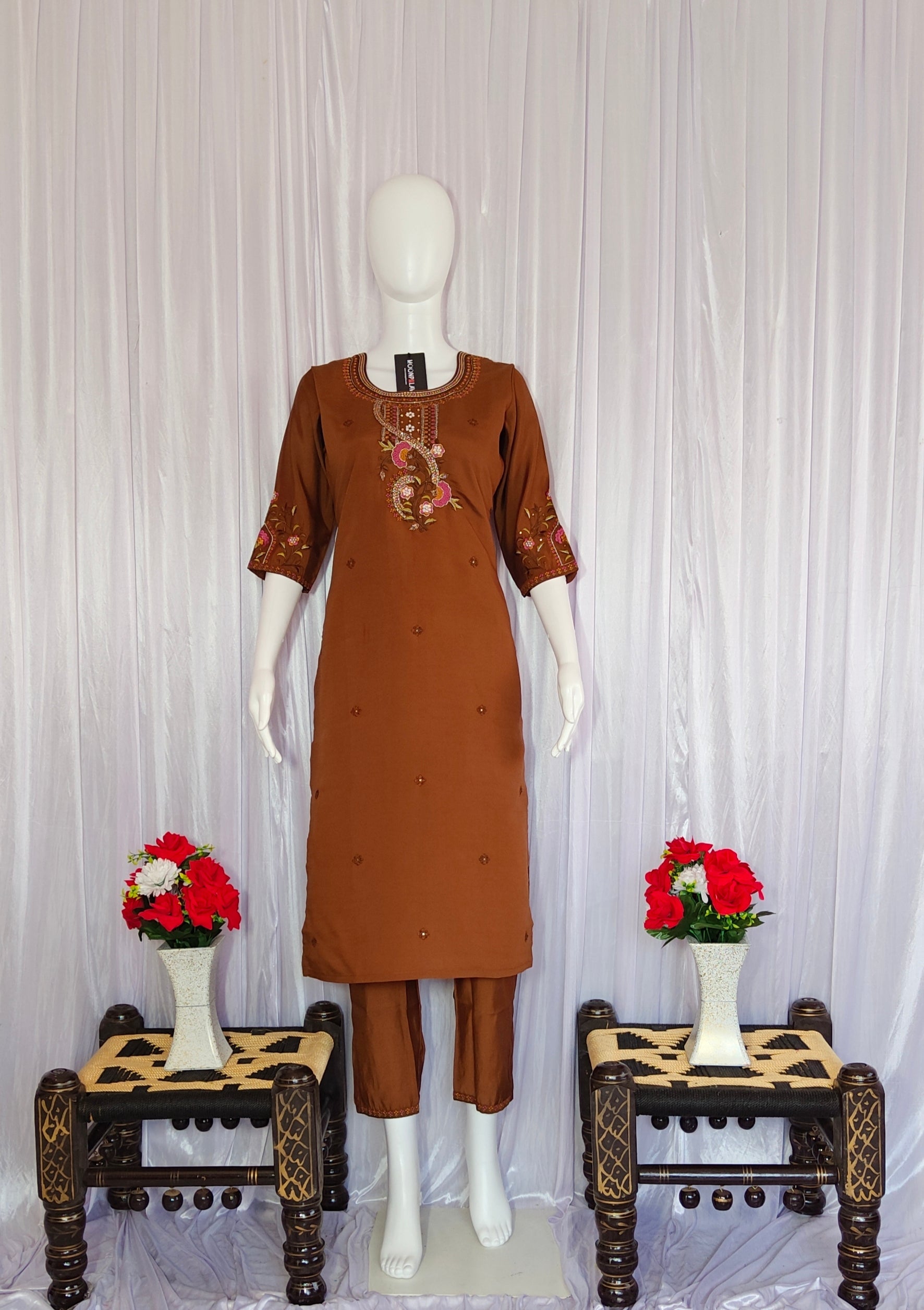 Moonpalav Rich Coffee Roman Silk Handwork Kurta Set with Dupatta