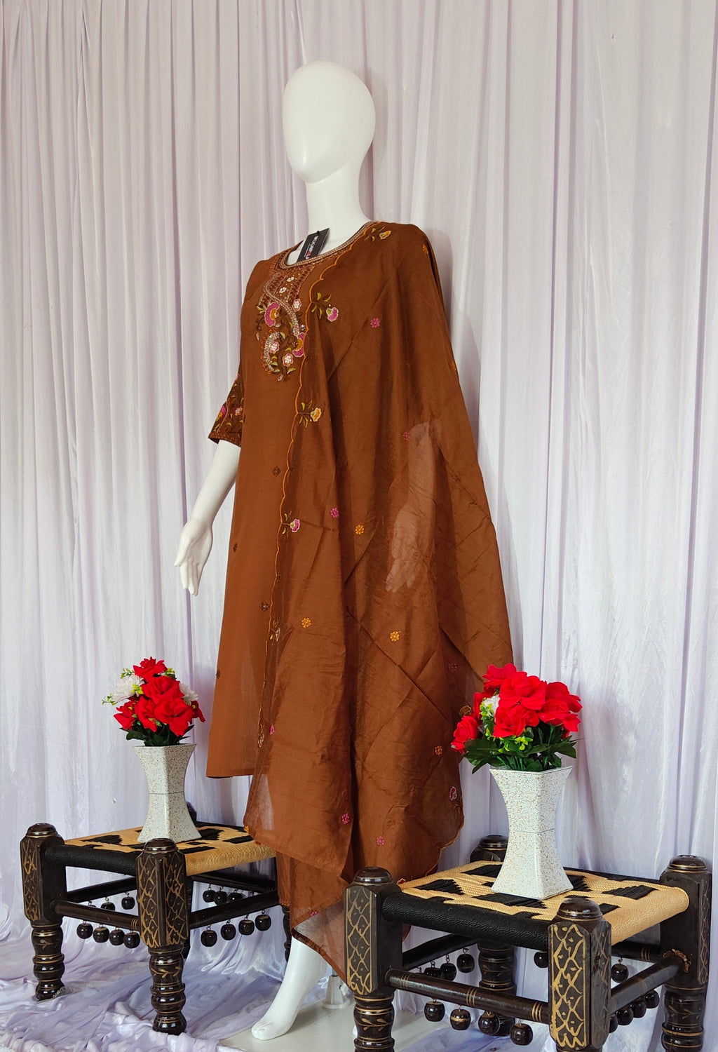 Moonpalav Rich Coffee Roman Silk Handwork Kurta Set with Dupatta
