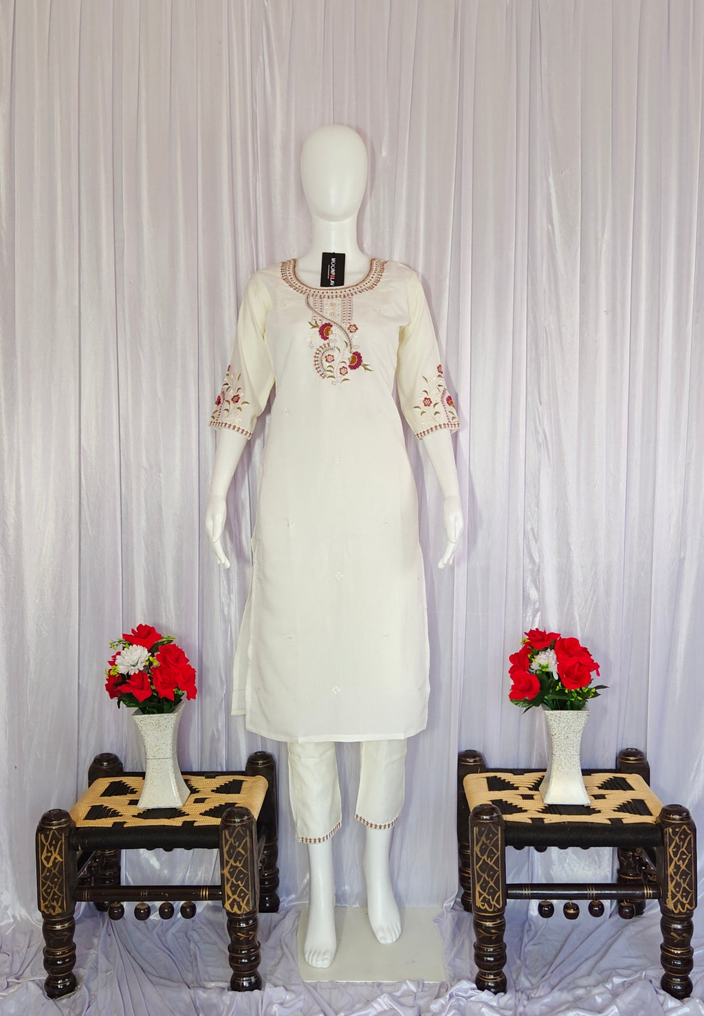 Moonpalav Ivory White Roman Silk Handwork Kurta Set with Muslin Dupatta