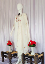 Moonpalav Ivory White Roman Silk Handwork Kurta Set with Muslin Dupatta