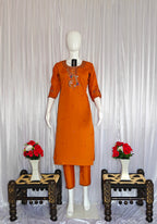Moonpalav Tangerine Orange Roman Silk Handwork Kurta Set with Dupatta