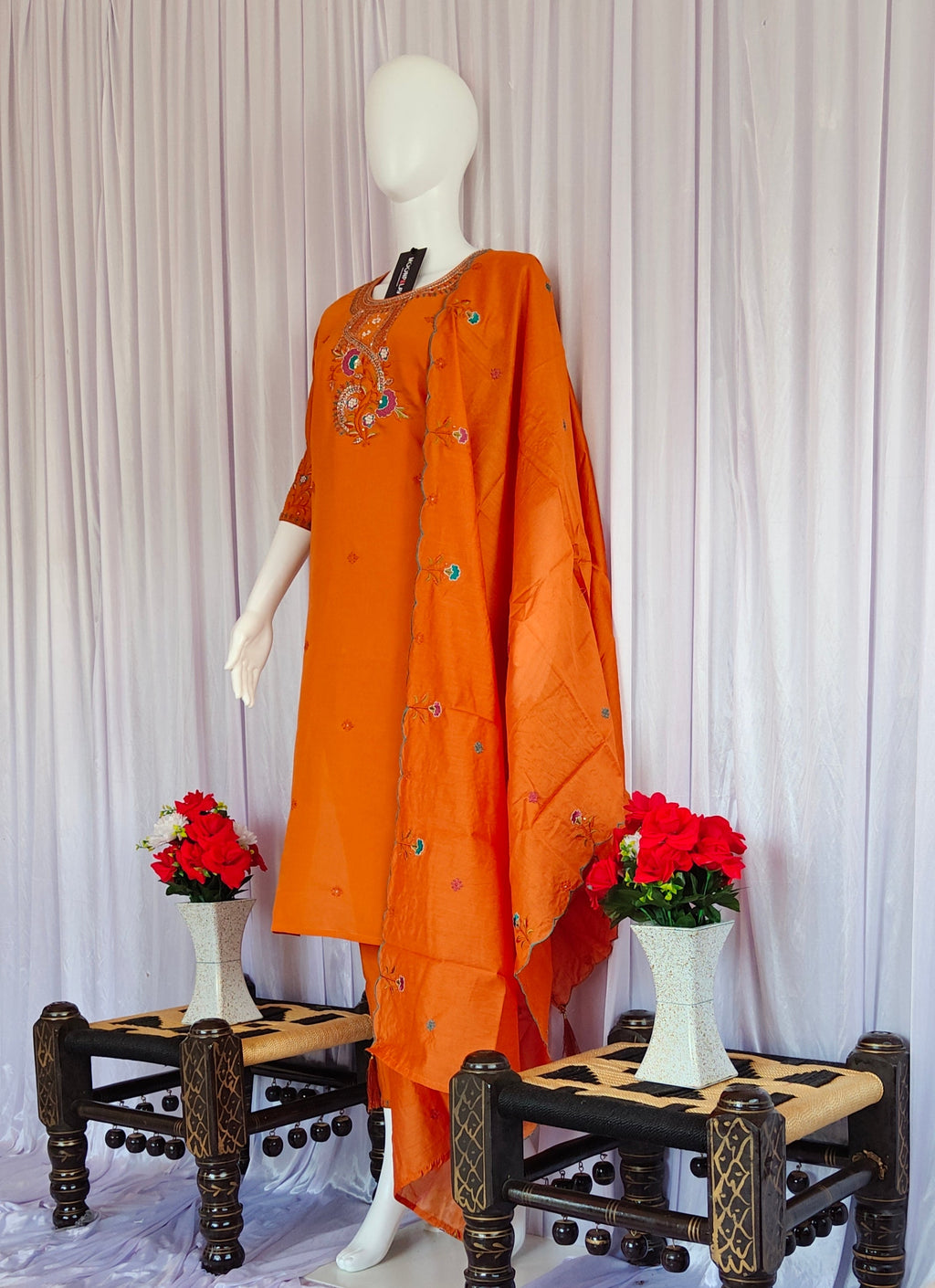 Moonpalav Tangerine Orange Roman Silk Handwork Kurta Set with Dupatta