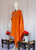 Moonpalav Tangerine Orange Roman Silk Handwork Kurta Set with Dupatta