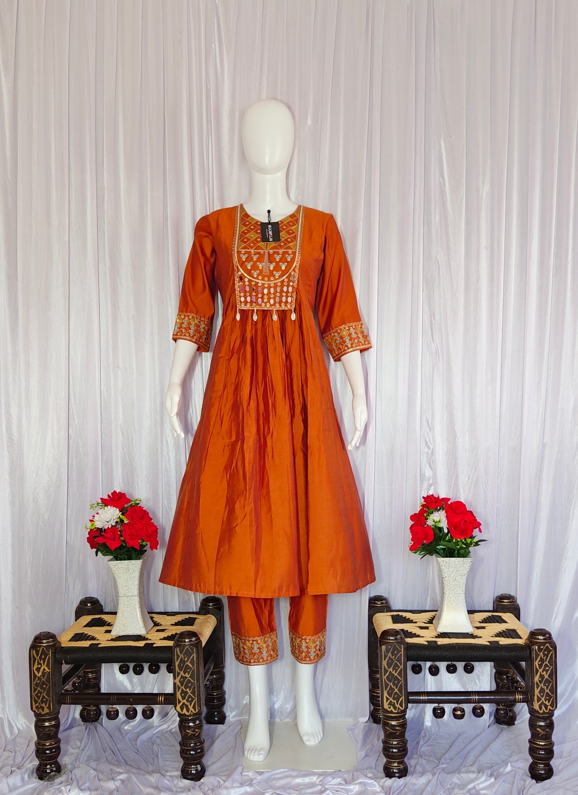 Moonpalav Terracotta Rust Roman Silk Mirror Work Anarkali Set with Dupatta