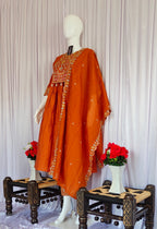 Moonpalav Terracotta Rust Roman Silk Mirror Work Anarkali Set with Dupatta