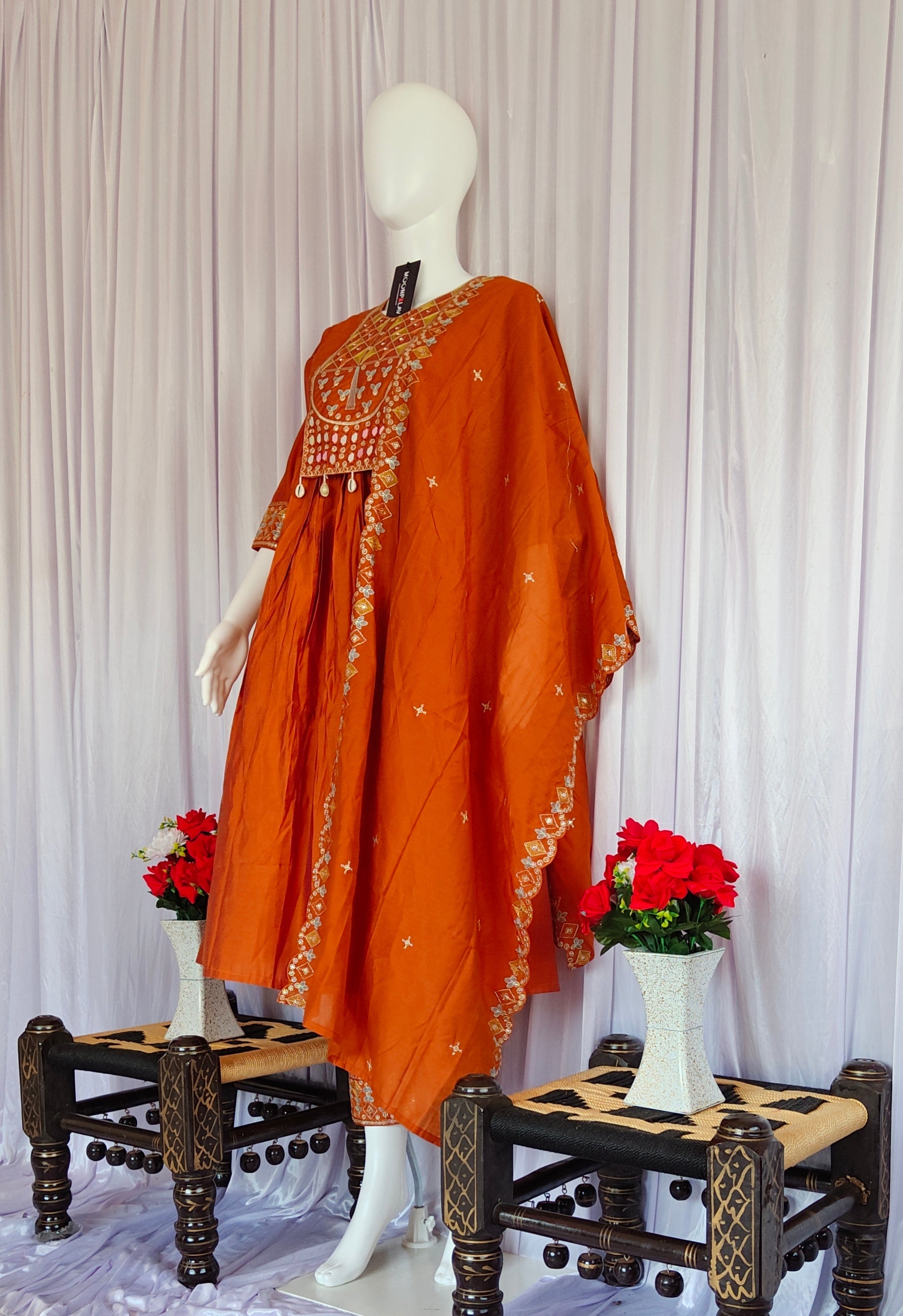 Moonpalav Terracotta Rust Roman Silk Mirror Work Anarkali Set with Dupatta