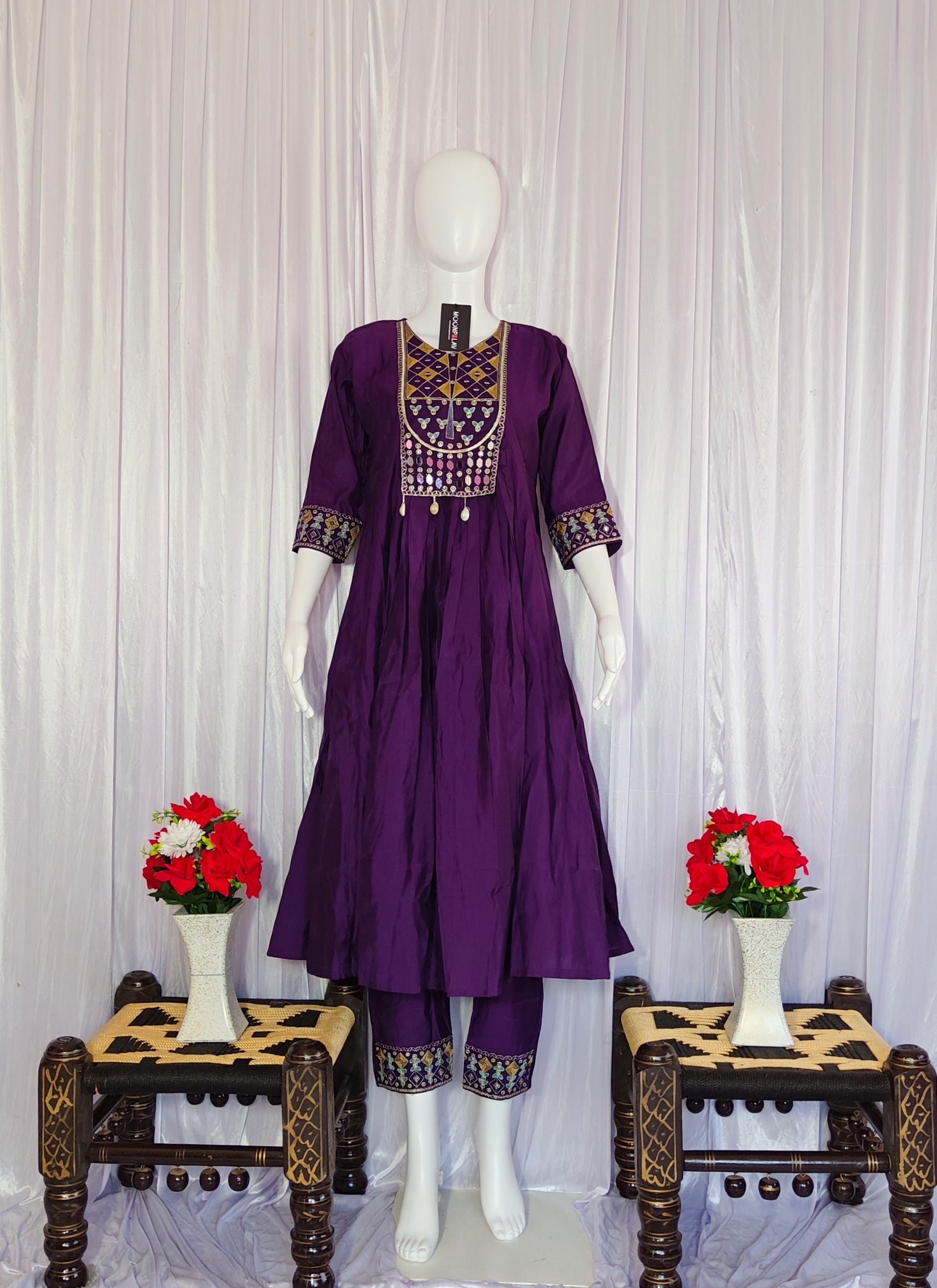 Moonpalav Deep Plum Roman Silk Mirror Work Anarkali Set with Dupatta