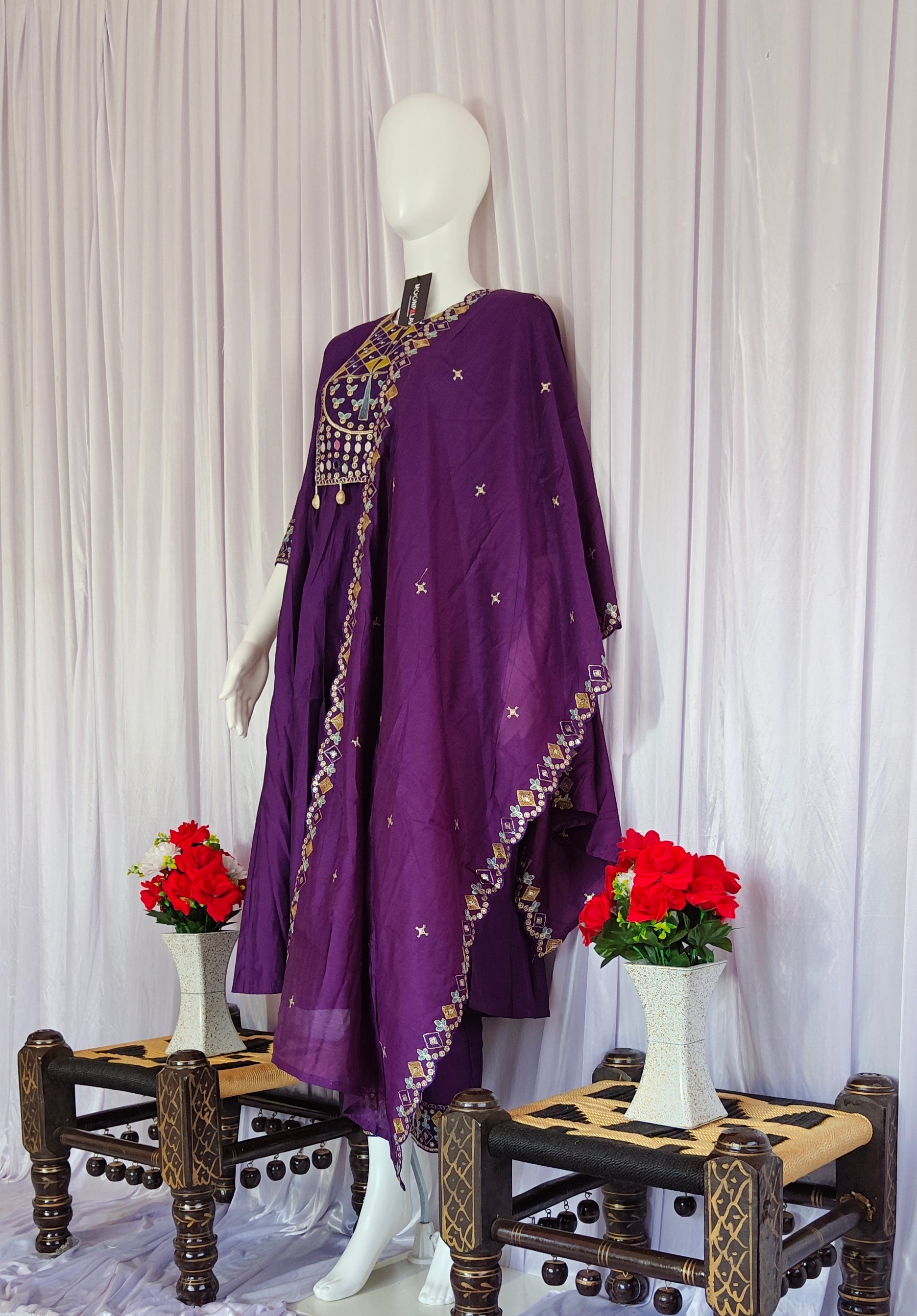 Moonpalav Deep Plum Roman Silk Mirror Work Anarkali Set with Dupatta