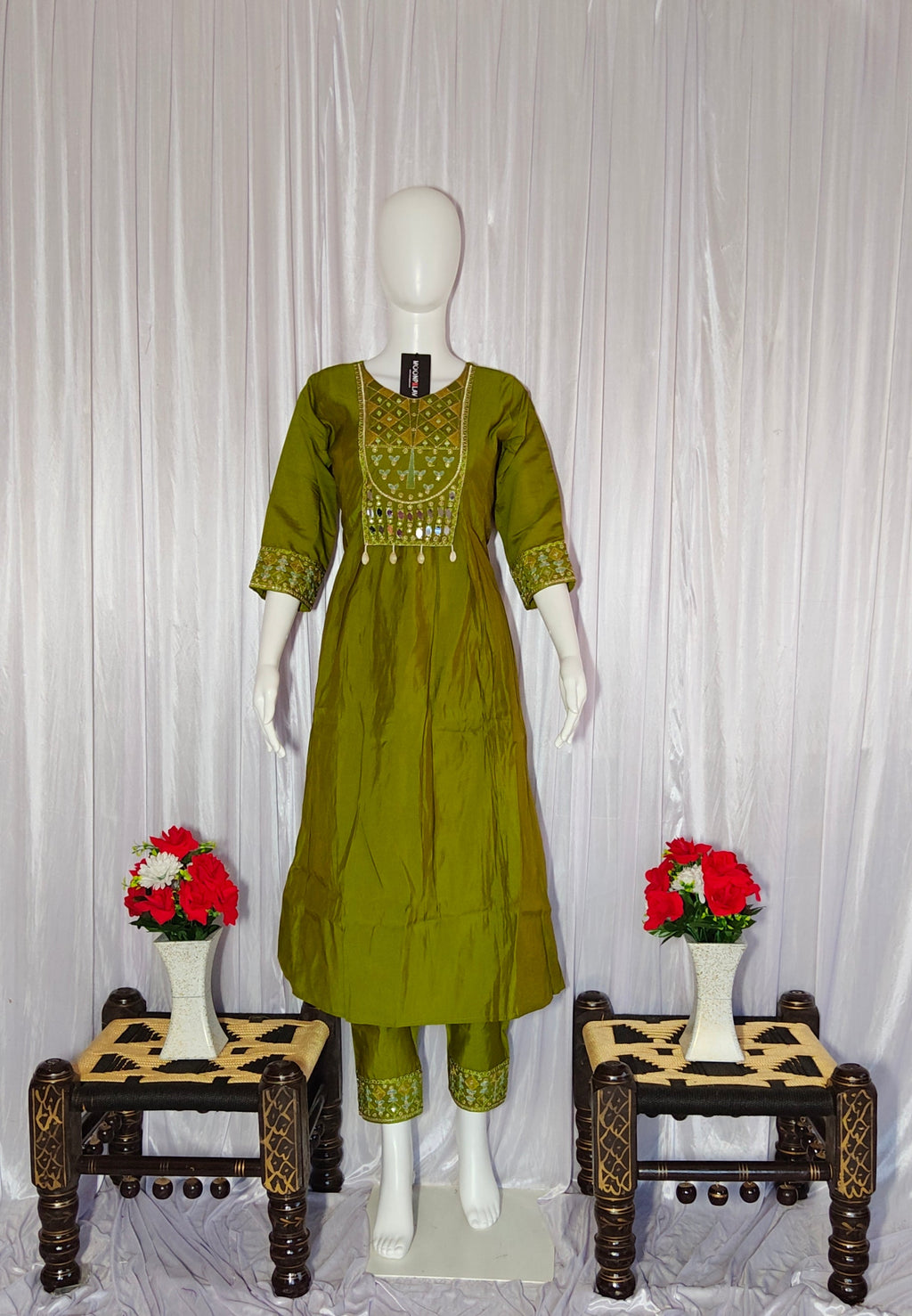 Moonpalav Earthy Olive Roman Silk Mirror Work Anarkali Set with Dupatta