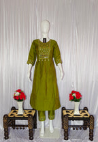 Moonpalav Earthy Olive Roman Silk Mirror Work Anarkali Set with Dupatta