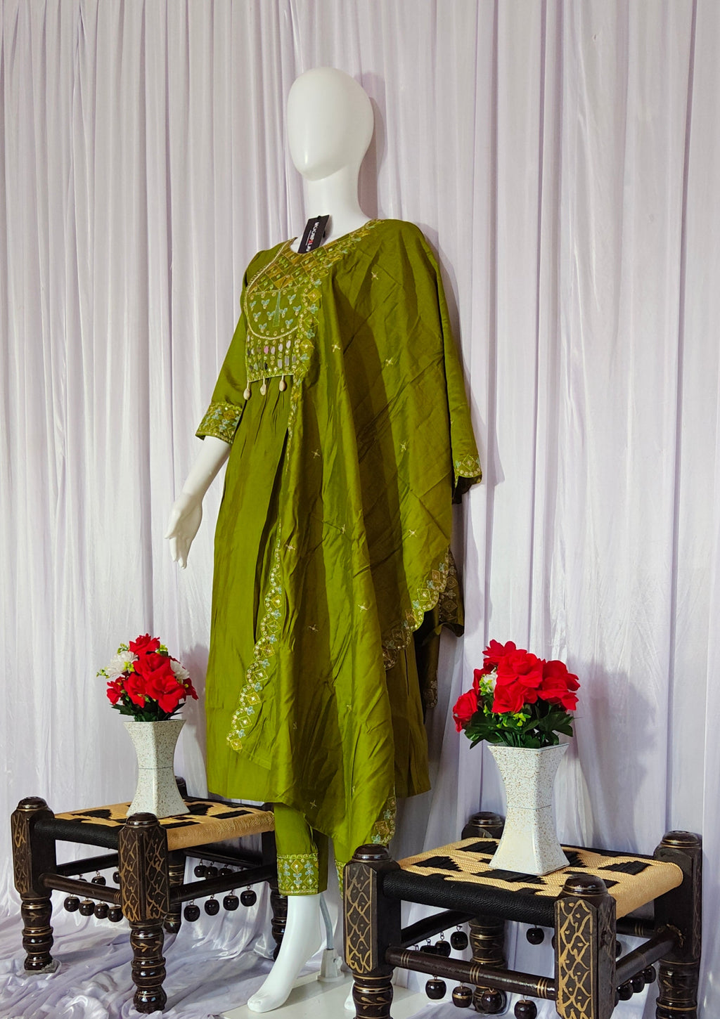Moonpalav Earthy Olive Roman Silk Mirror Work Anarkali Set with Dupatta