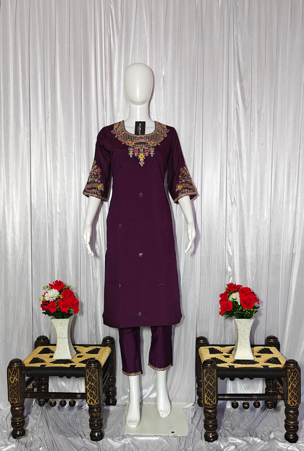 Moonpalav Rich Wine Roman Silk Kurta Set with Jacquard Meena Dupatta