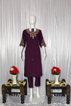 Moonpalav Rich Wine Roman Silk Kurta Set with Jacquard Meena Dupatta