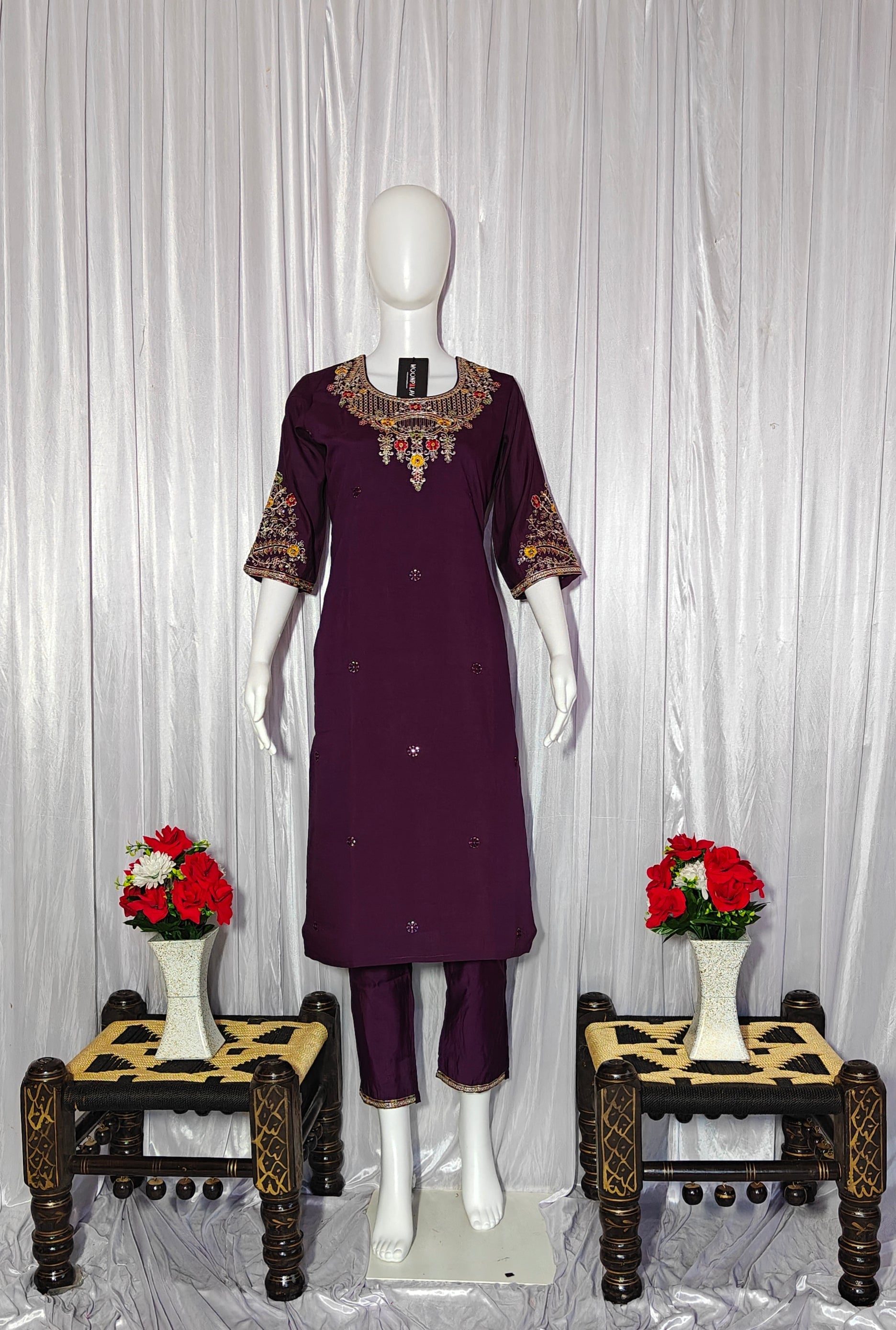 Moonpalav Rich Wine Roman Silk Kurta Set with Jacquard Meena Dupatta