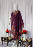 Moonpalav Rich Wine Roman Silk Kurta Set with Jacquard Meena Dupatta
