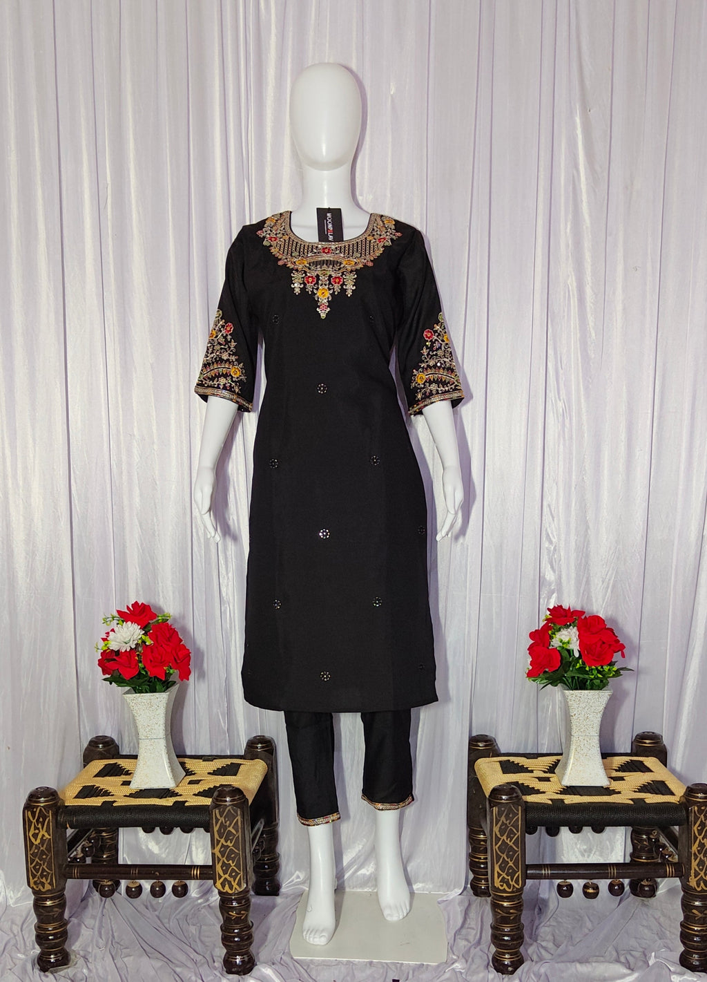 Moonpalav Midnight Black Roman Silk Sequinned Kurta Set with Jacquard Dupatta