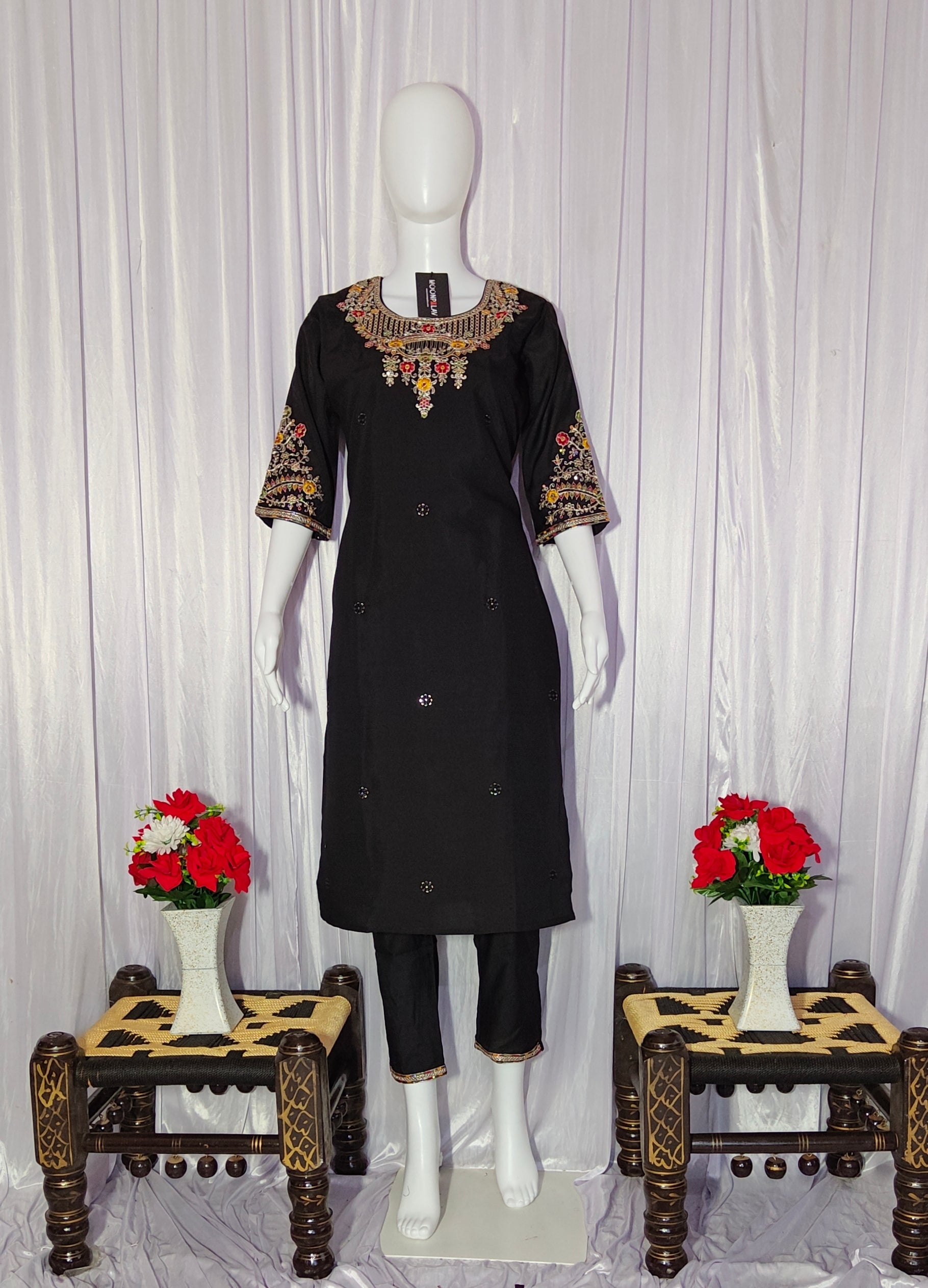 Moonpalav Midnight Black Roman Silk Sequinned Kurta Set with Jacquard Dupatta