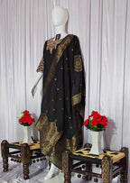 Moonpalav Midnight Black Roman Silk Sequinned Kurta Set with Jacquard Dupatta