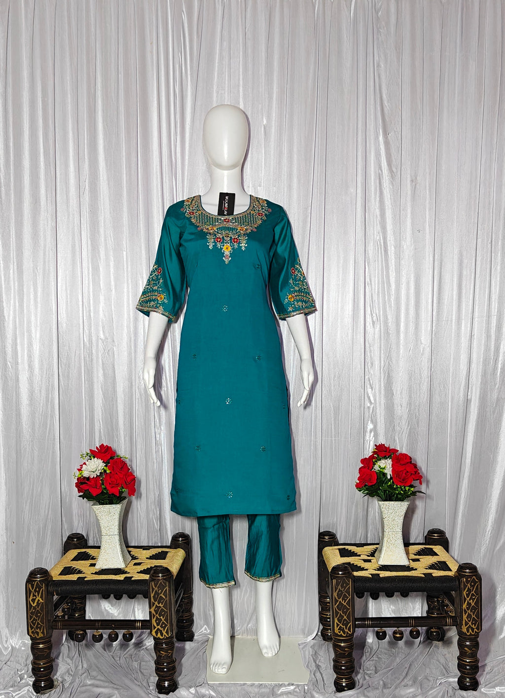Moonpalav Teal Roman Silk Sequinned Kurta Set with Jacquard Dupatta