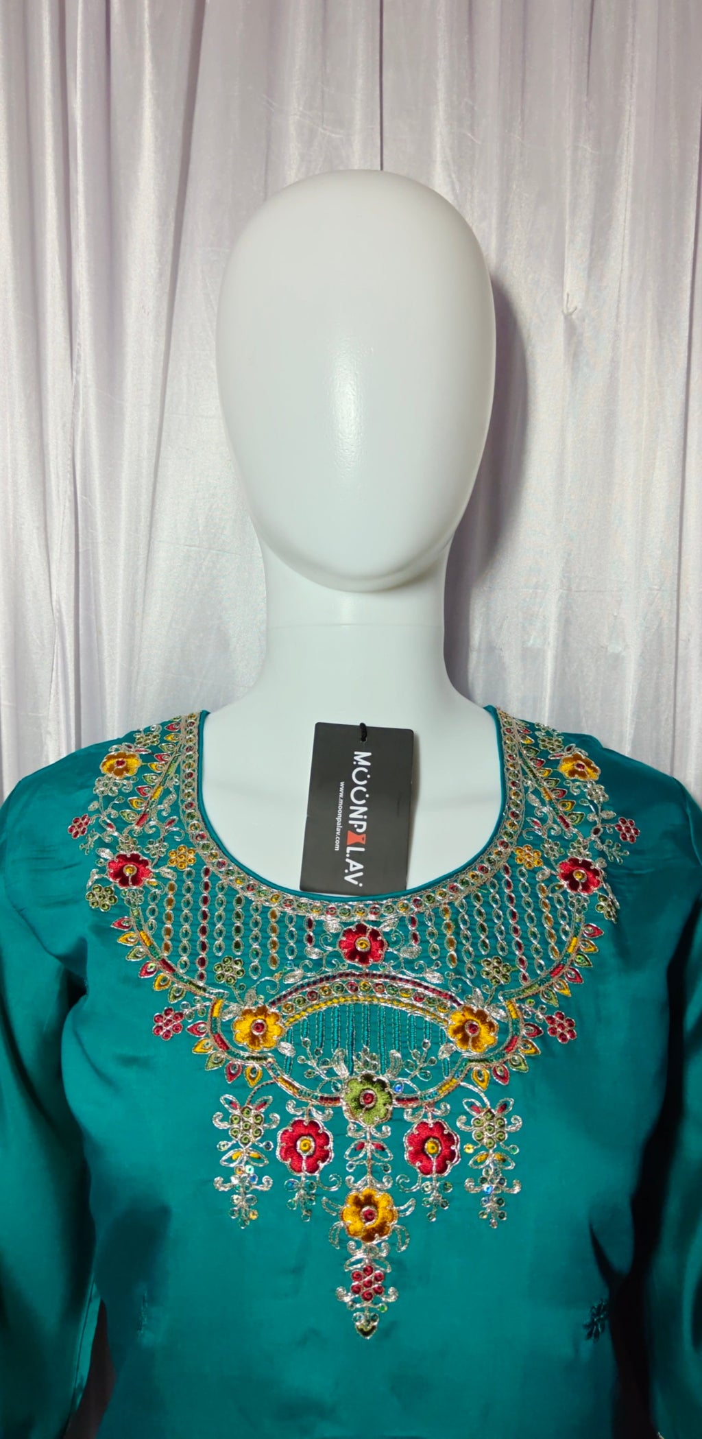 Moonpalav Teal Roman Silk Sequinned Kurta Set with Jacquard Dupatta