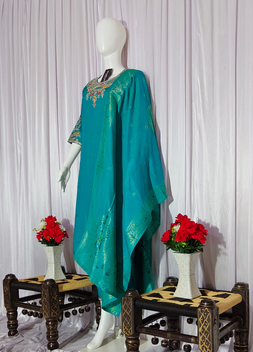 Moonpalav Teal Roman Silk Sequinned Kurta Set with Jacquard Dupatta