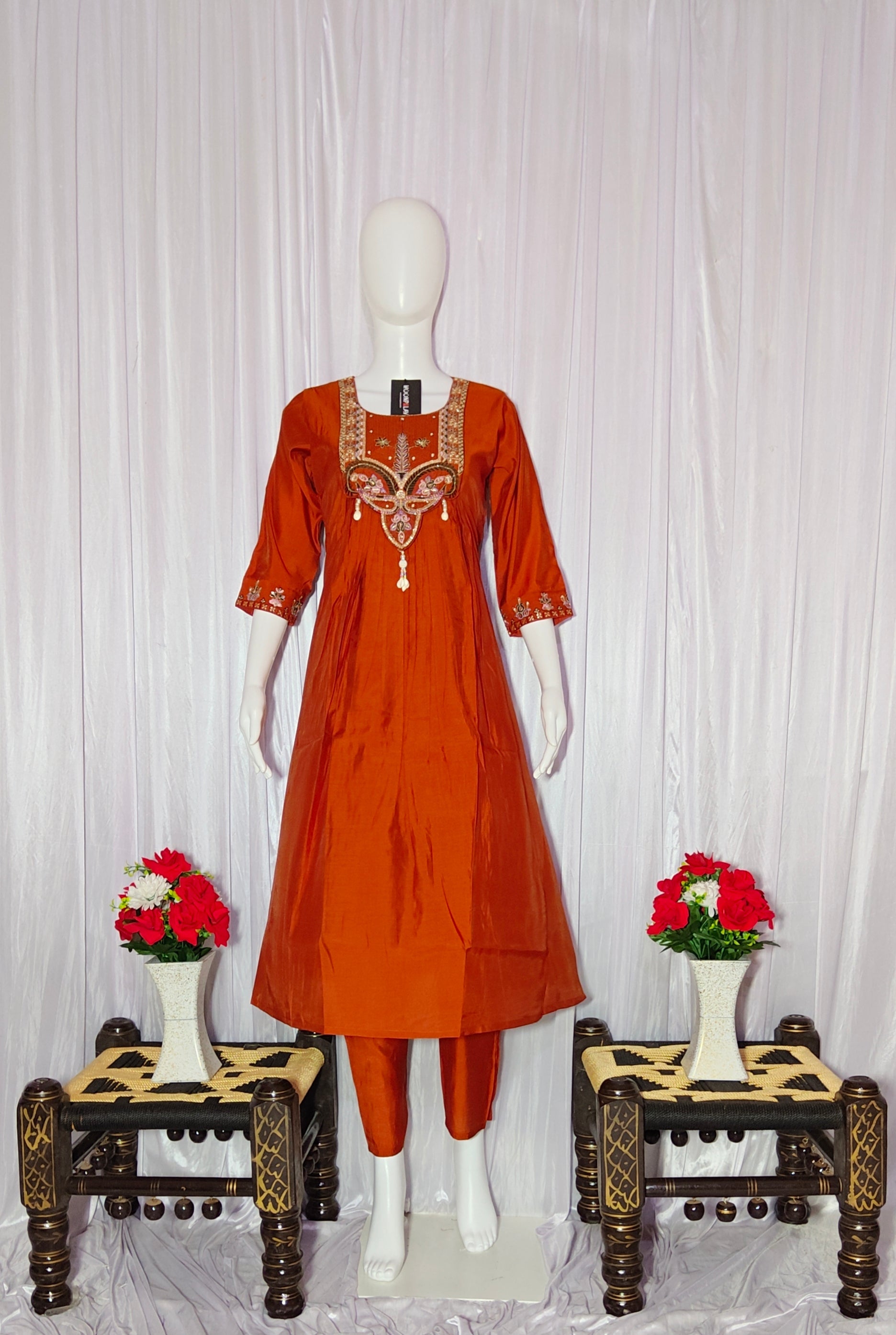 Moonpalav Rust Orange Sequinned Roman Silk Anarkali Kurta Set