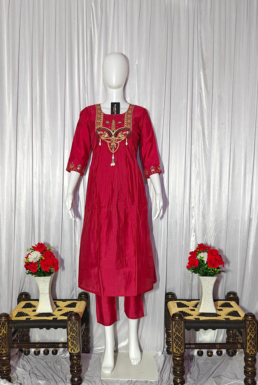 Moonpalav Rani Pink Roman Silk Handwork Anarkali Suit with Dupatta