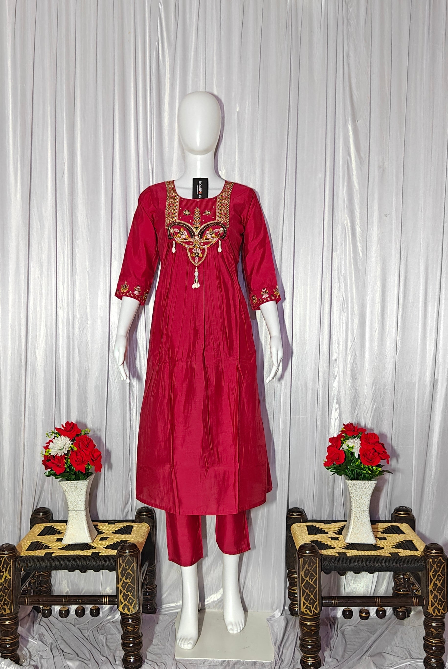 Moonpalav Rani Pink Roman Silk Handwork Anarkali Suit with Dupatta