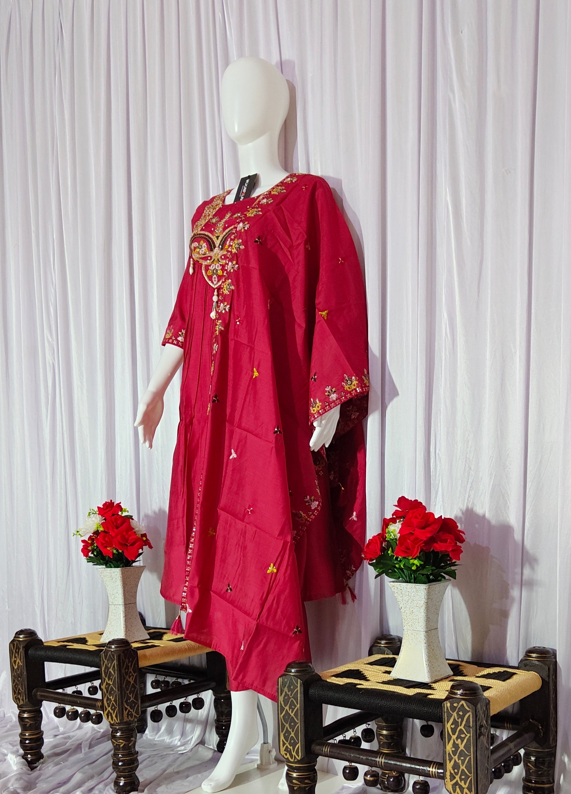 Moonpalav Rani Pink Roman Silk Handwork Anarkali Suit with Dupatta