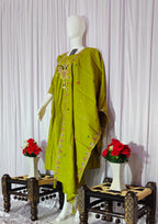 Moonpalav Lime Green Roman Silk Flared Anarkali Suit Set