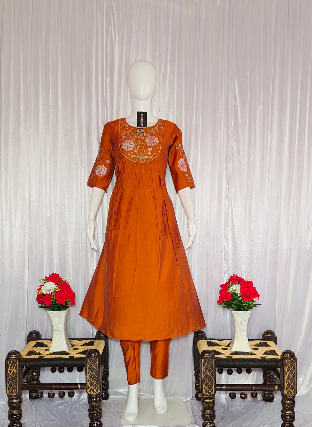 Moonpalav Signature Orange Roman Silk Hand-Embroidered Anarkali Suit Set