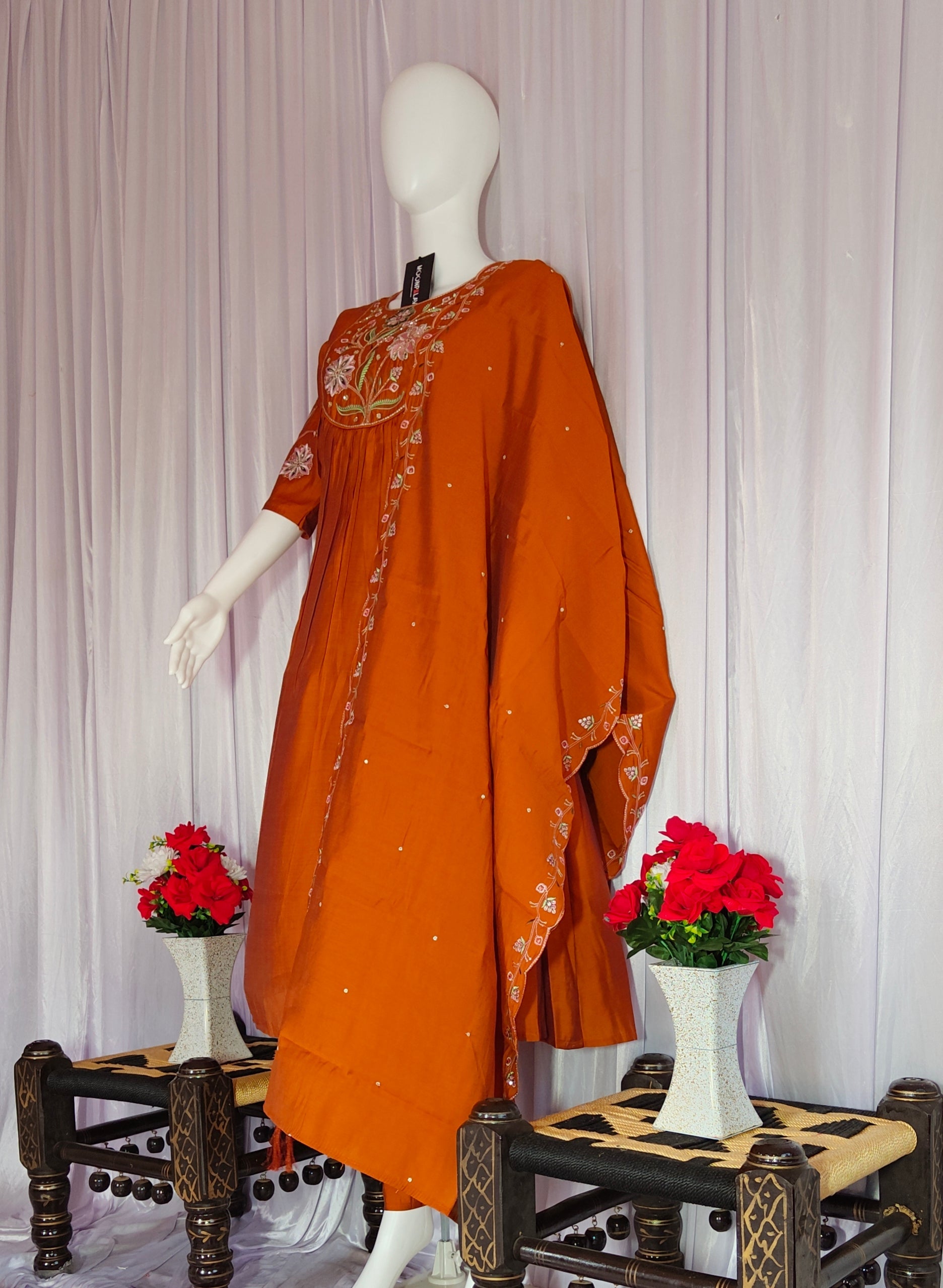 Moonpalav Signature Orange Roman Silk Hand-Embroidered Anarkali Suit Set