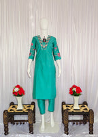 Moonpalav Signature Emerald Green Marina Silk Handwork Kurta Set