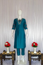 Moonpalav Signature Teal Marina Silk Handwork Kurta Set with Dupatta