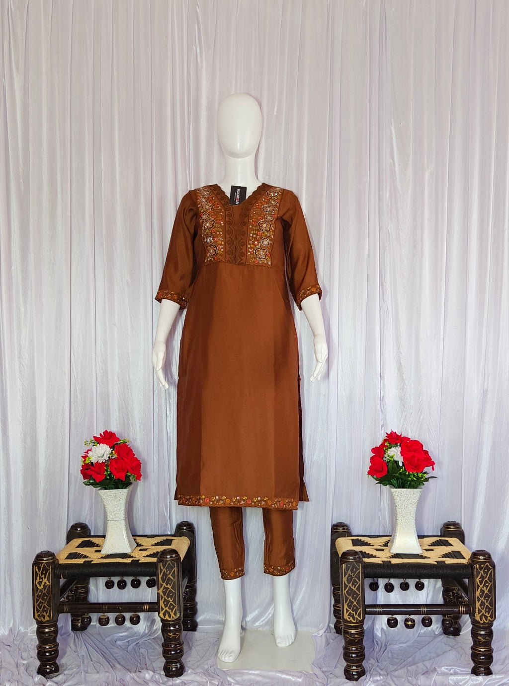 Hand-Embroidered Silk Suit with Woven Floral Motif Dupatta