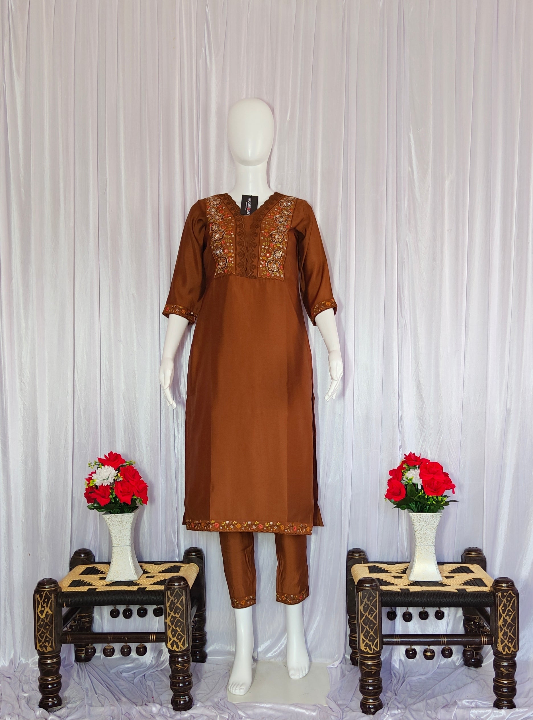 Hand-Embroidered Silk Suit with Woven Floral Motif Dupatta