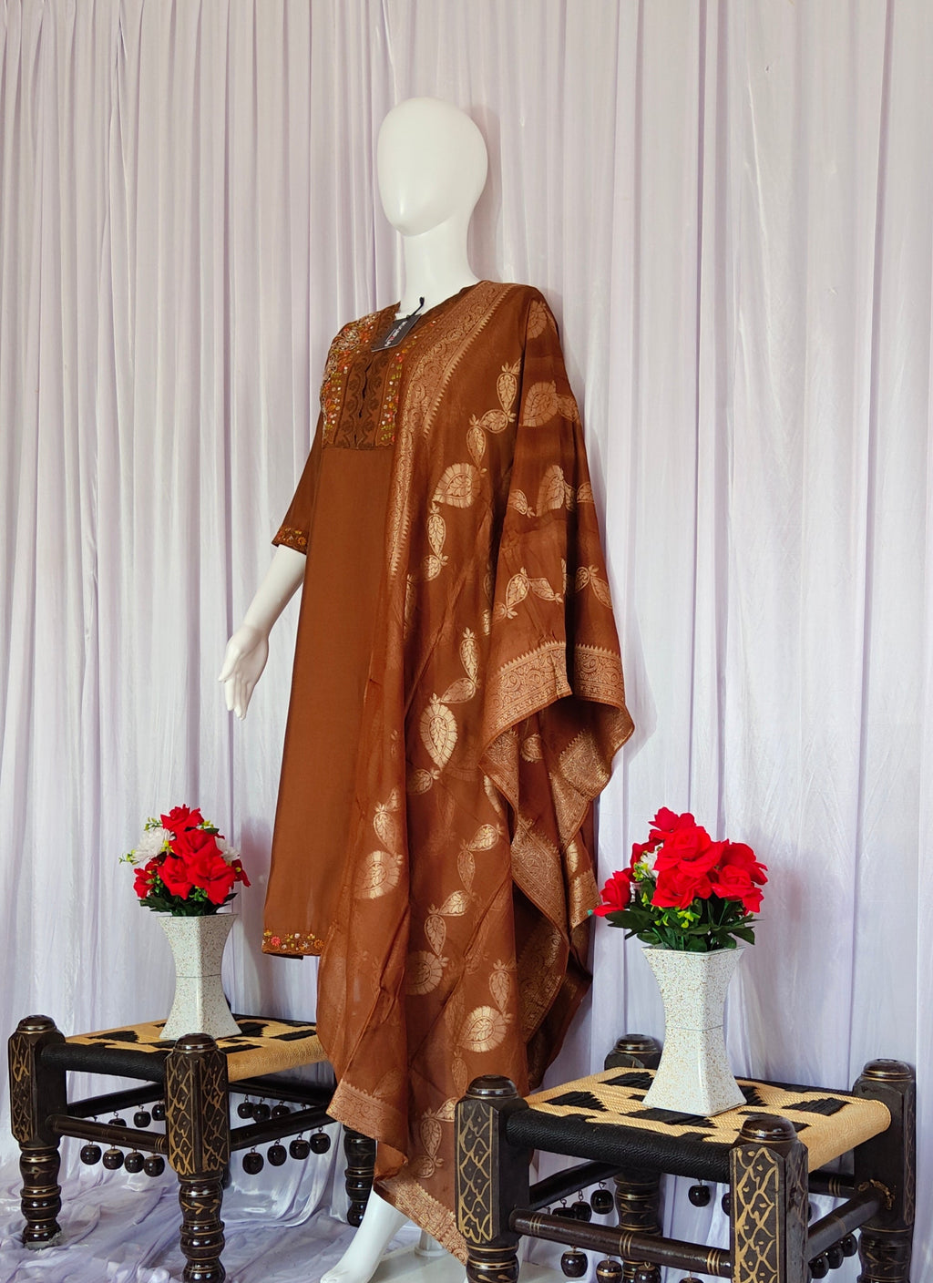 Hand-Embroidered Silk Suit with Woven Floral Motif Dupatta