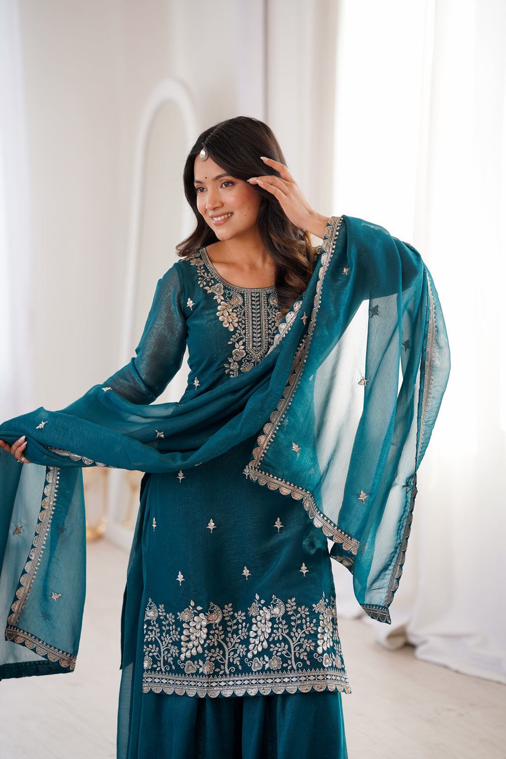 Royal Crunchy Silk Embroidered Sharara Suit Set | Ready to Wear 3-Piece