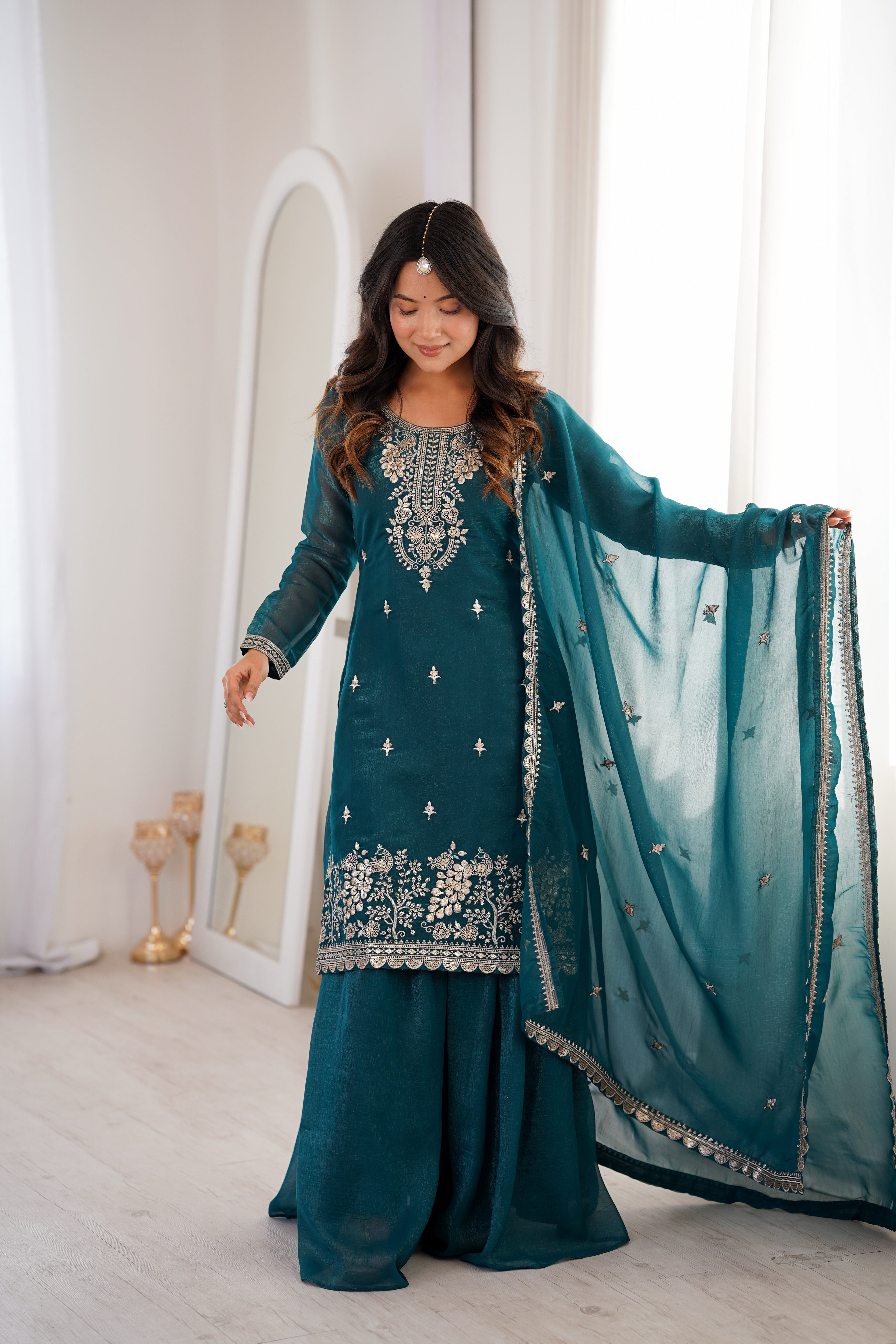 Royal Crunchy Silk Embroidered Sharara Suit Set | Ready to Wear 3-Piece