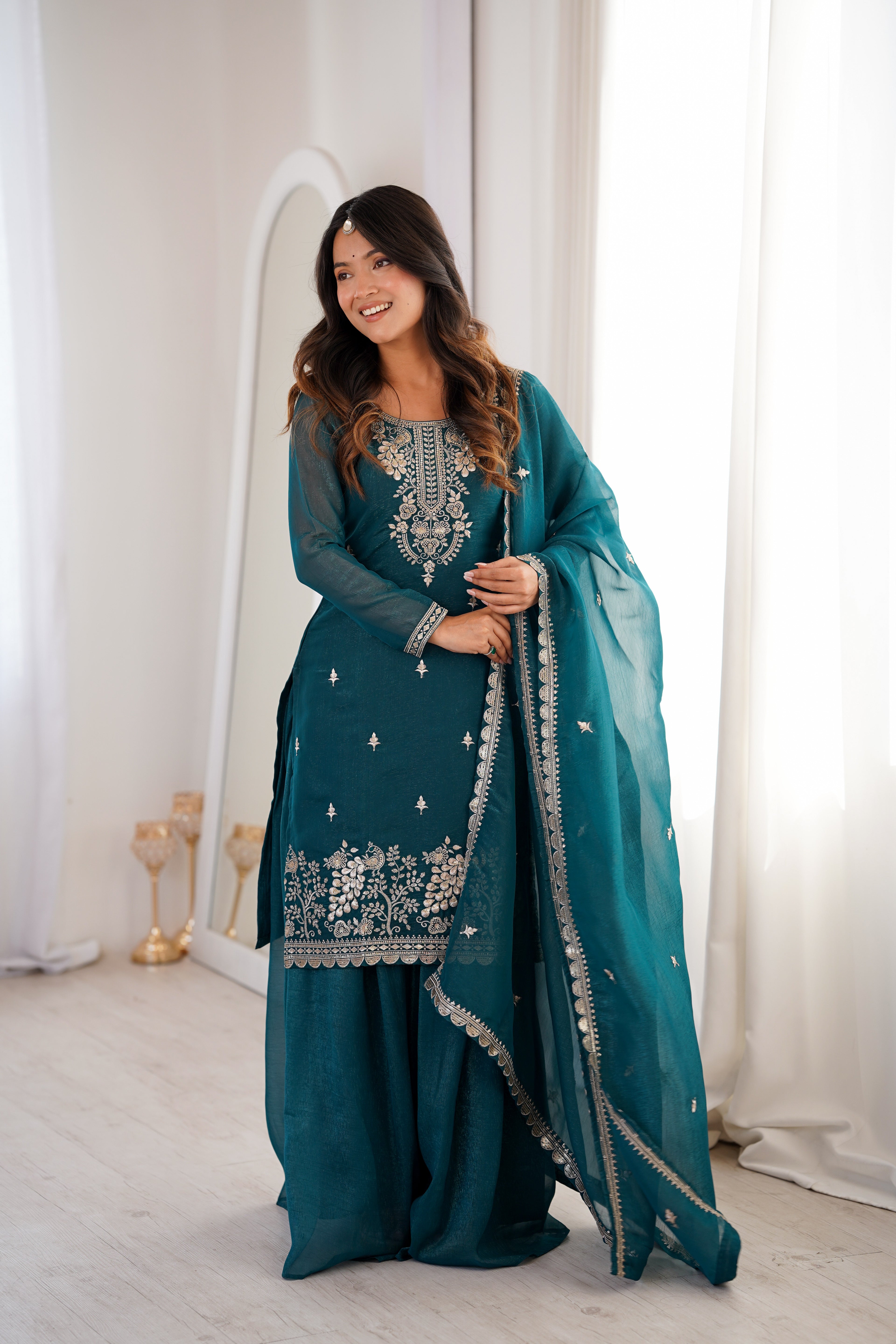 Royal Crunchy Silk Embroidered Sharara Suit Set | Ready to Wear 3-Piece