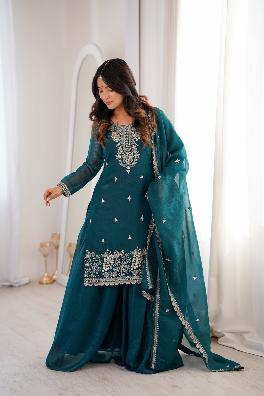 Royal Crunchy Silk Embroidered Sharara Suit Set | Ready to Wear 3-Piece